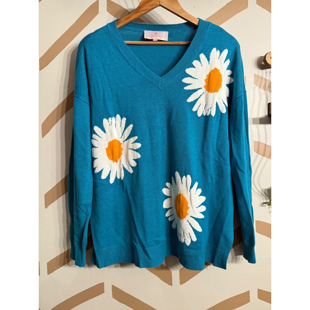 Laurie Felt Daisy Sweater Womens Small Blue V-Neck Floral Cashmere Blend Knit